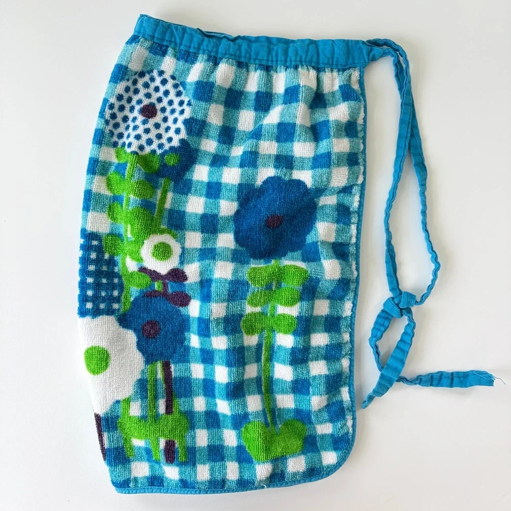 Vintage Royal Terry of California Blue Gingham Mod Floral Terry Cloth Half Apron